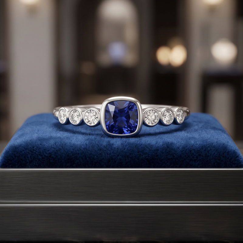 A silver ring featuring a cushion-cut deep blue sapphire center stone and five round-cut clear stones along the band, displayed on a blue velvet ring box.