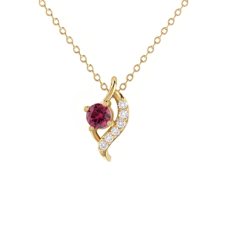 A gold chain necklace with a curved pendant featuring a round pinkish-red center stone and a crescent-shaped setting with small clear stones, shown on a plain white background.