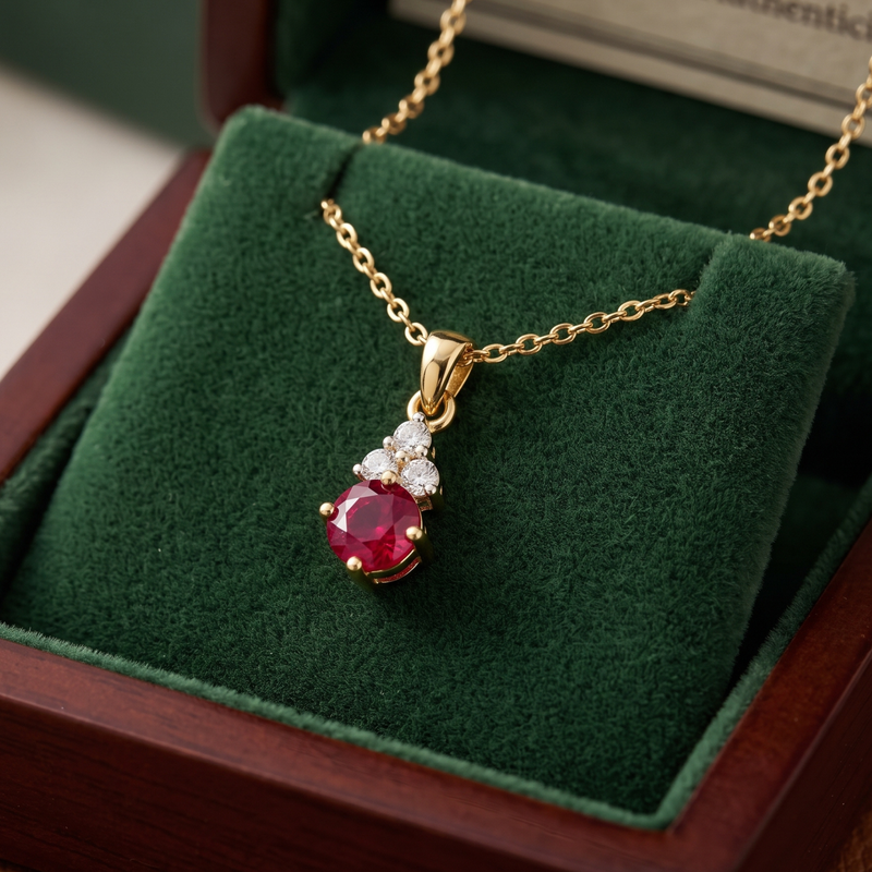 A gold pendant necklace with a round red gemstone and small clear stones, displayed on a green velvet jewelry box.