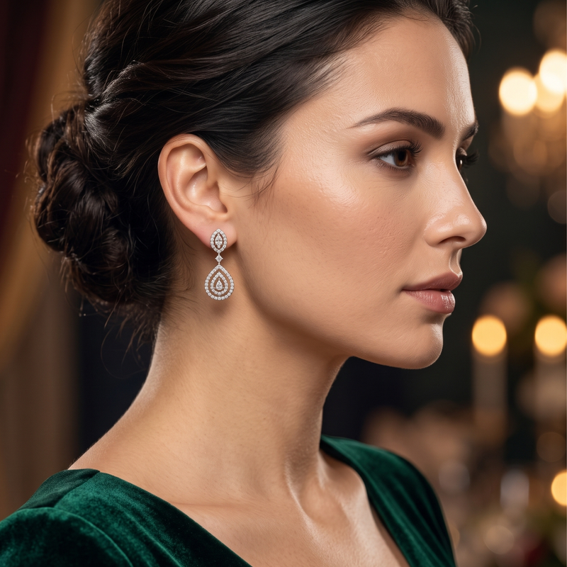 A close-up side profile of a woman wearing a teardrop-shaped silver dangle earring adorned with sparkling clear stones, set against a softly blurred dark background with warm bokeh lights.