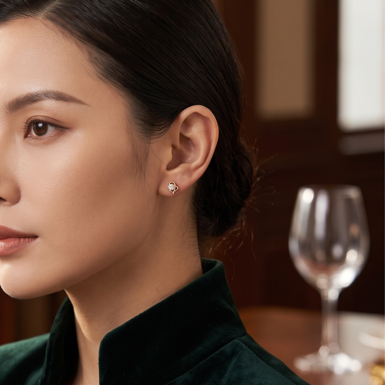 A close-up of a woman wearing a small round diamond stud earring, shown in profile against a warm, dark background with a blurred wine glass.