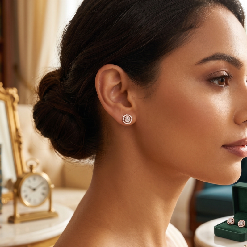 A woman in profile wearing a small round stud earring with a silver-toned circular setting and clear stones, shown in a softly lit indoor setting with jewelry boxes on a table.