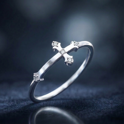 Cathedral Cross Platinum Plated Lab Grown Diamond Ring