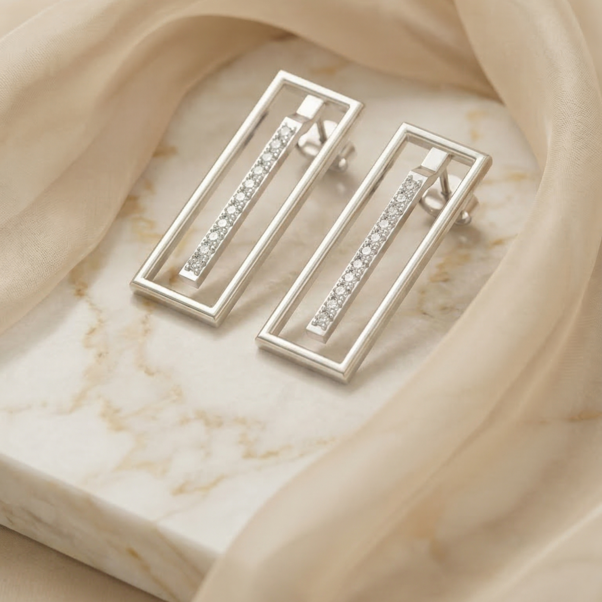 Edge Rectangle Platinum Plated Lab Grown Diamond Earrings