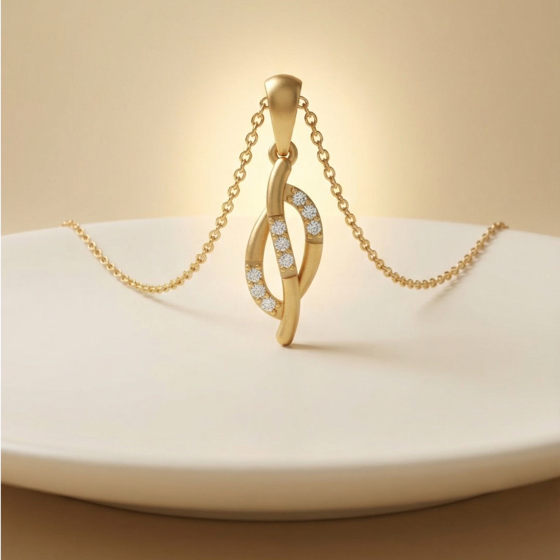 Gold necklace with a pendant on a white plate against a beige background