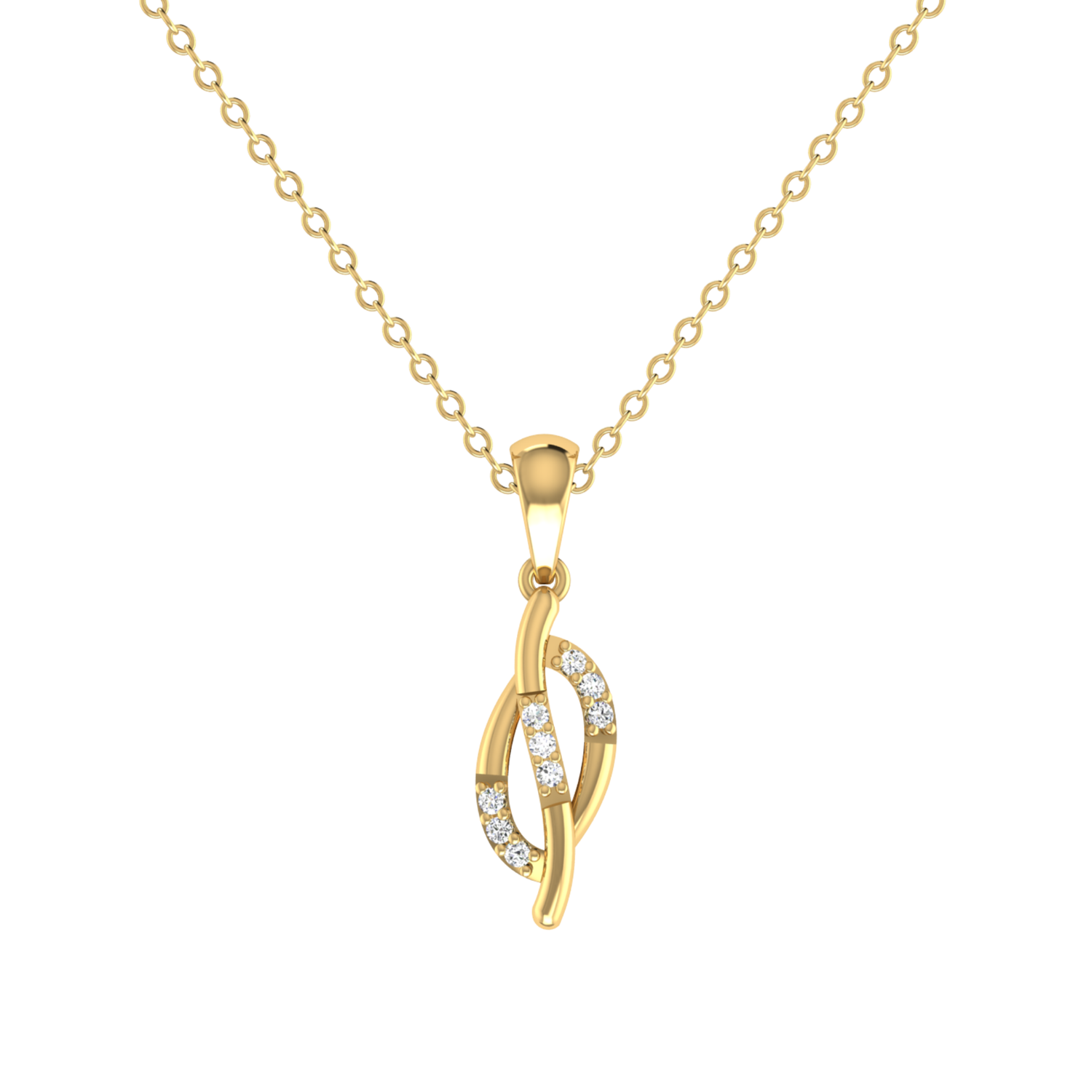 Gold necklace with a diamond pendant on a white background