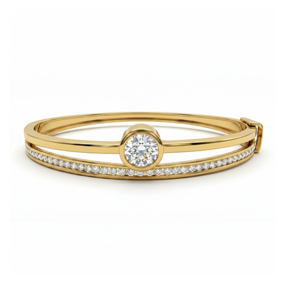 Gold bracelet with a central diamond and smaller diamonds on a white background