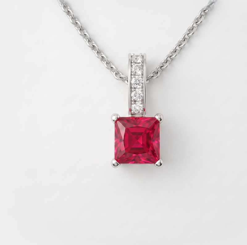 A silver-toned necklace featuring a square-cut red gemstone pendant with a diamond-accented bail, displayed on a clean white background.
