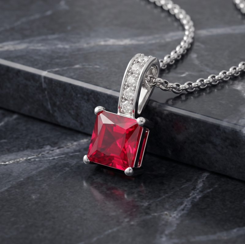 A silver-plated square pendant necklace featuring a faceted red gemstone, displayed on a dark gray marble surface.
