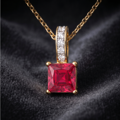 A gold pendant necklace featuring a square-cut red gemstone pendant and a diamond-accented bail, displayed on a dark textured fabric background.