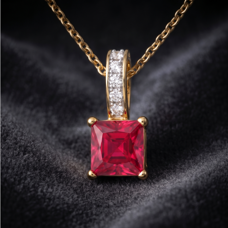 A gold pendant necklace featuring a square-cut red gemstone pendant and a diamond-accented bail, displayed on a dark textured fabric background.