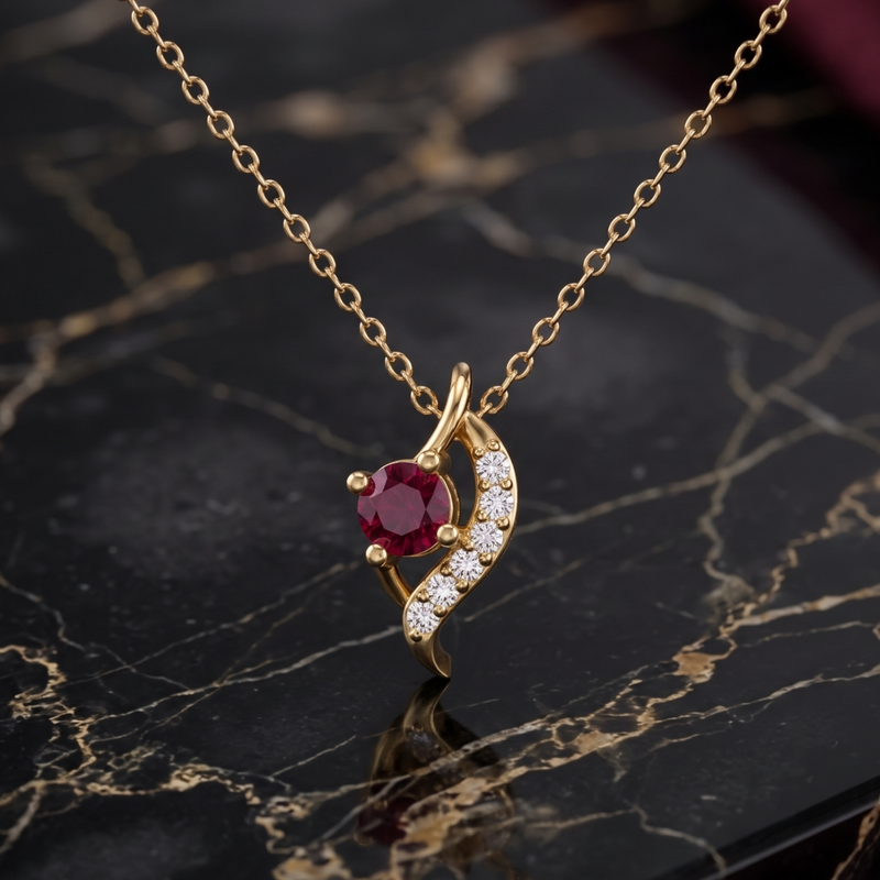 Gold necklace with a crescent moon pendant featuring a round red gemstone and small clear stones, displayed on a black marble surface.