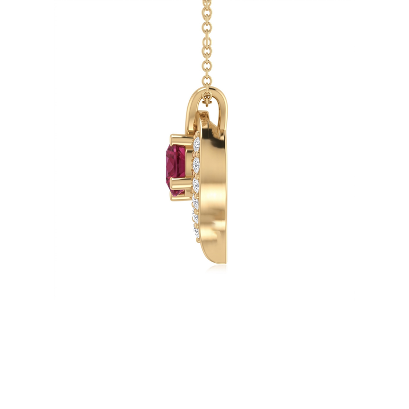A gold pendant necklace featuring a rectangular pinkish-red gemstone and a pavé setting with small clear stones, shown against a plain white background.