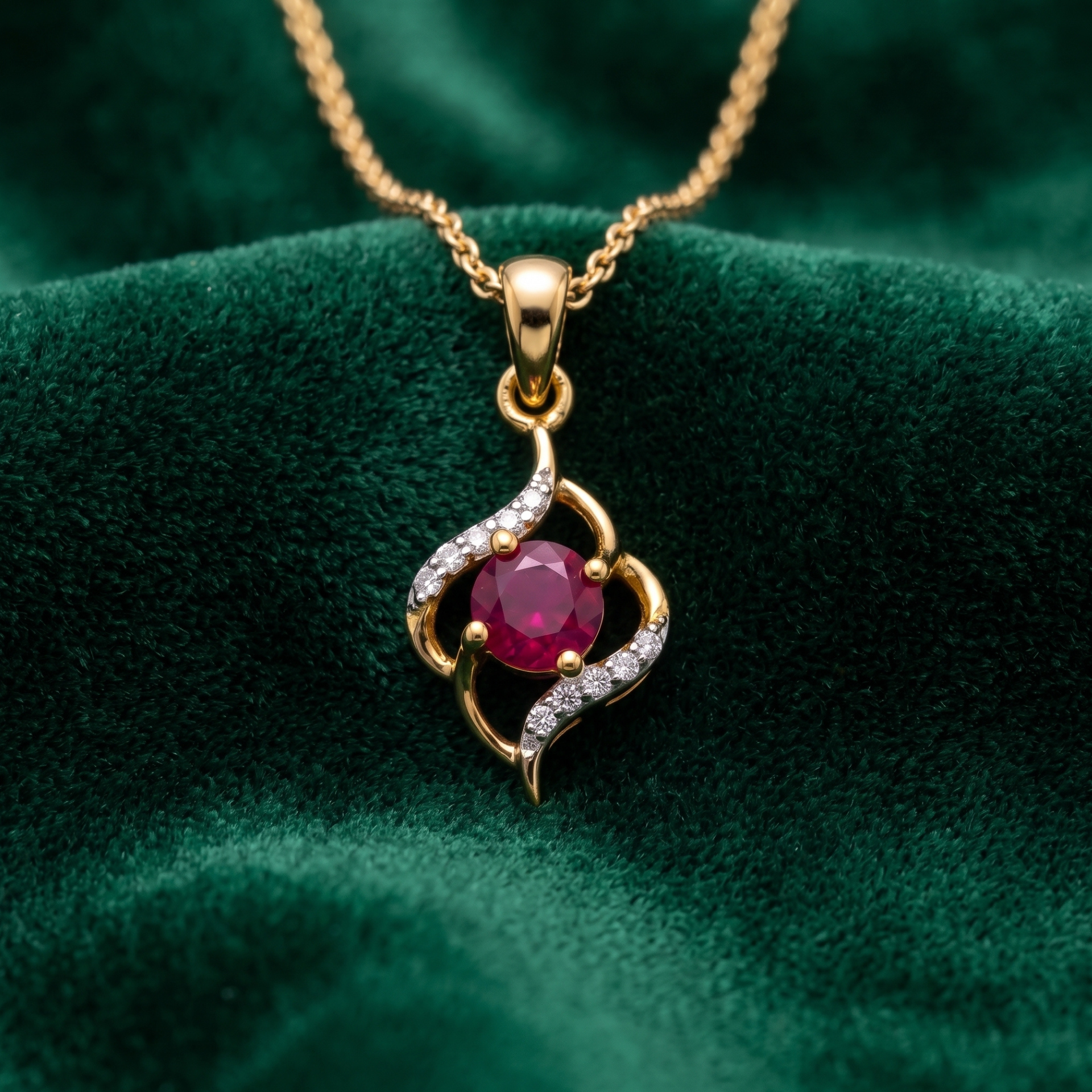 A gold pendant necklace with a central round pinkish-red gemstone and curved diamond-like accents, displayed on a dark green velvet fabric background.