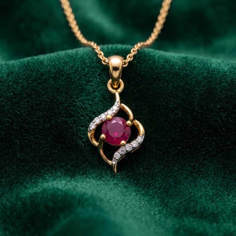 A gold pendant necklace with a central round pinkish-red gemstone and curved diamond-like accents, displayed on a dark green velvet fabric background.