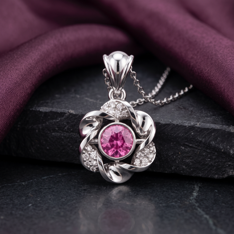 A silver-toned flower-shaped pendant necklace with a central round pink gemstone and small clear stones in the petals, displayed on a dark stone surface with draped burgundy fabric in the background.