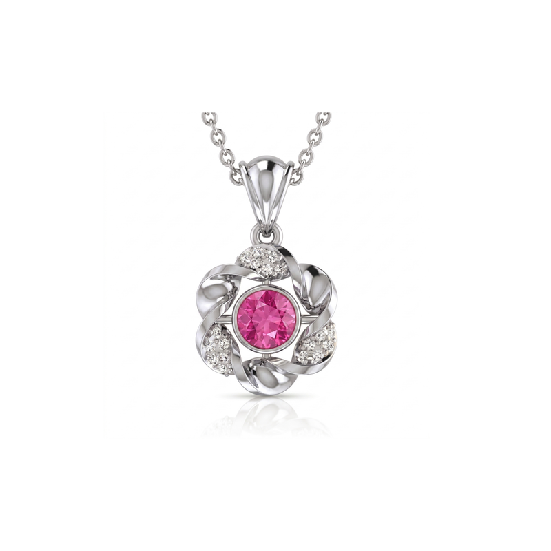 A silver pendant necklace featuring a central round pink gemstone surrounded by a floral arrangement of small clear stones and polished silver leaves, suspended from a silver chain on a white background.