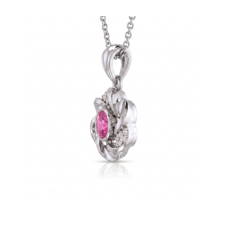 A silver-toned flower-shaped pendant necklace featuring a central oval pink gemstone and small clear accent stones, shown on a white background with a faint reflection below.