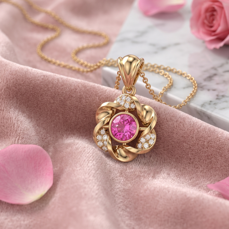A gold pendant necklace with a flower-like twisted design, featuring a central round pink gemstone and small clear stones, displayed on soft pink fabric with rose petals and a marble slab in the background.