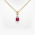 A gold pendant necklace featuring a round-cut pinkish-red ruby gemstone and a small cluster of clear stones above it, shown on a white background.