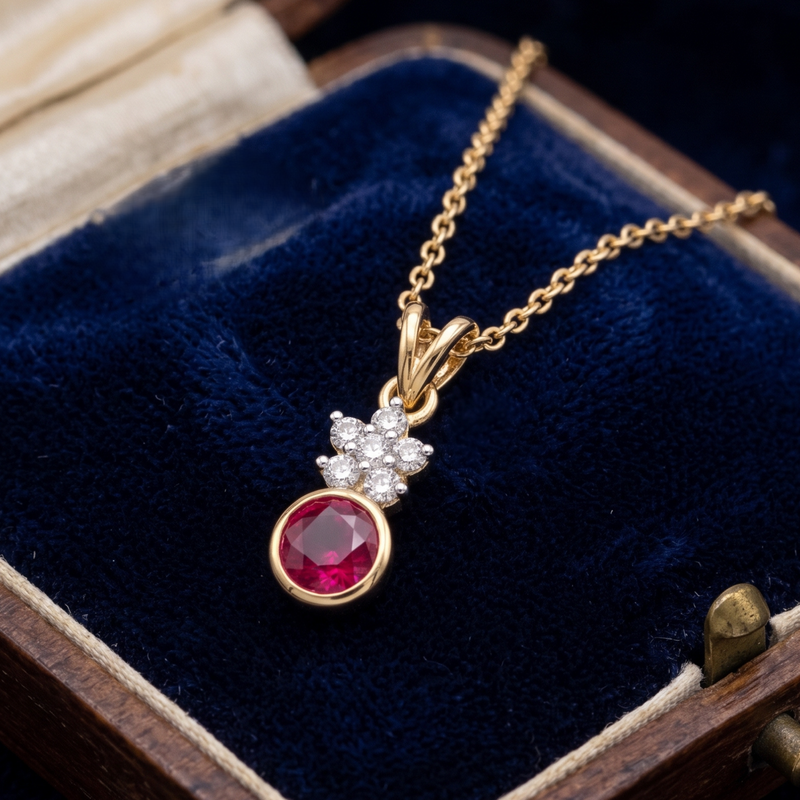 A gold pendant necklace with a round pinkish-red gemstone and a small cluster of clear stones, displayed on a dark blue velvet jewelry box.