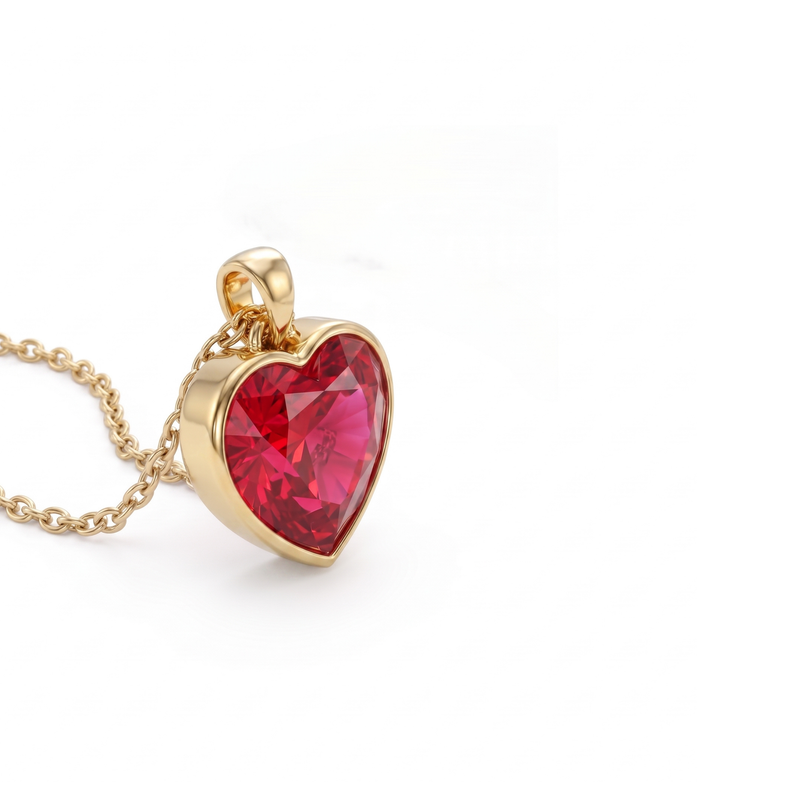 A gold heart-shaped pendant necklace featuring a faceted red gemstone, shown on a clean white background.