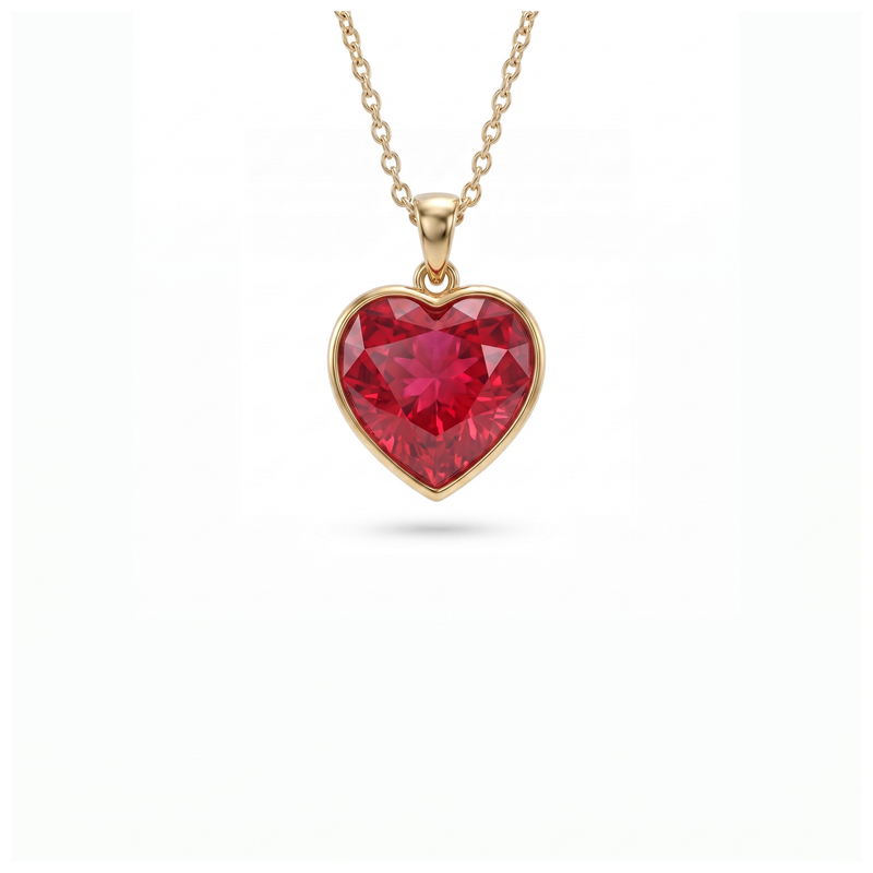 A heart-shaped red gemstone pendant necklace in a yellow gold setting on a delicate gold chain, shown against a plain white background.