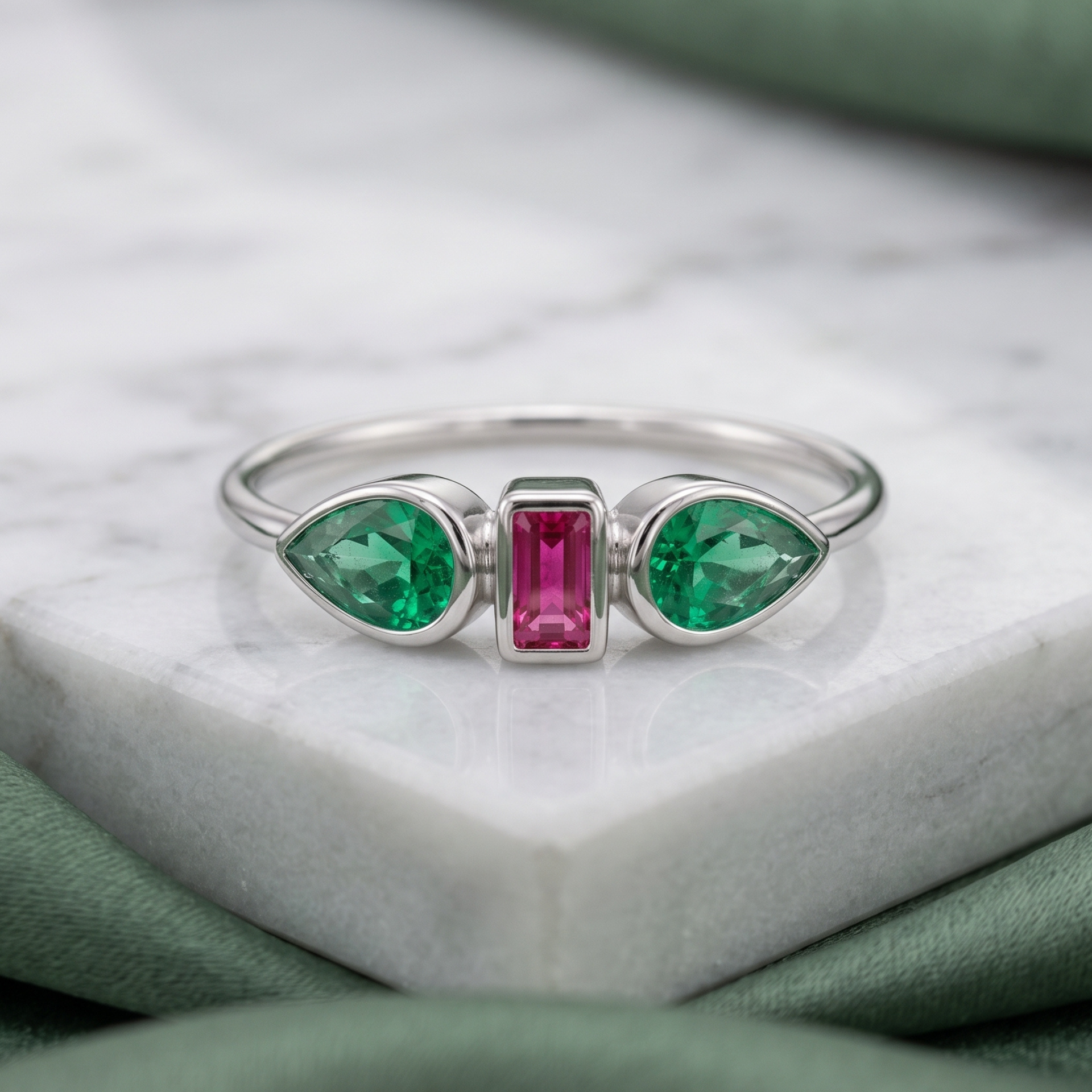A silver ring featuring two green marquise-cut gemstones on either side of a central rectangular pink gemstone, displayed on a white marble block with soft green fabric in the background.