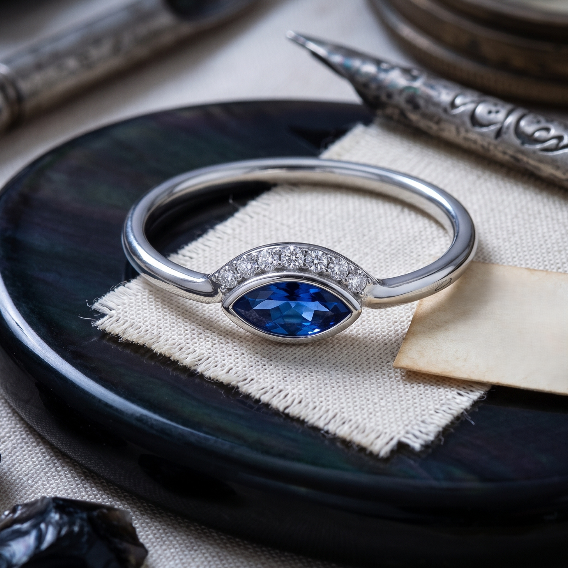 A silver ring with a marquise-cut blue gemstone and a row of small clear stones, displayed on a textured cream fabric over a dark round tray.