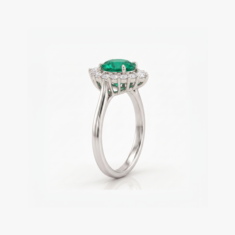 A silver-toned halo ring featuring a round green emerald-cut center stone and a surrounding halo of small clear stones, shown on a clean white background.