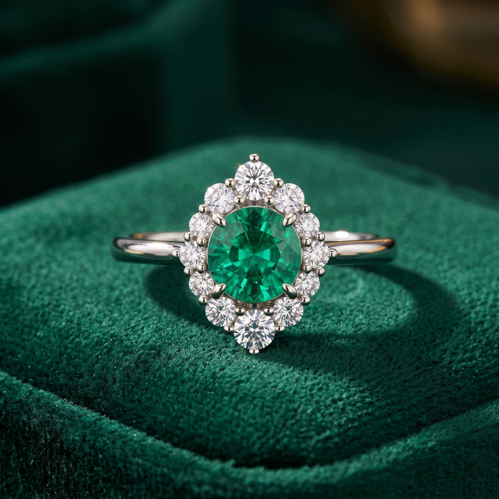 A silver-tone halo ring featuring a round green emerald-cut center stone surrounded by small clear stones, displayed on a dark green velvet surface.