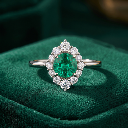 A silver-tone halo ring featuring a round green emerald-cut center stone surrounded by small clear stones, displayed on a dark green velvet surface.