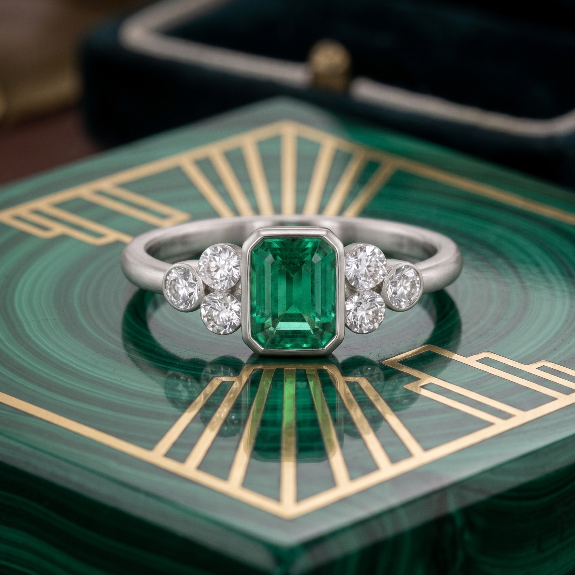 An Art Deco style emerald-cut emerald green gemstone ring with diamond accents on a silver-toned band, displayed on a green and gold geometric box.