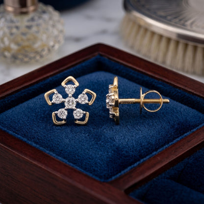 Floral lab grown diamond earrings displayed in a blue velvet jewellery box