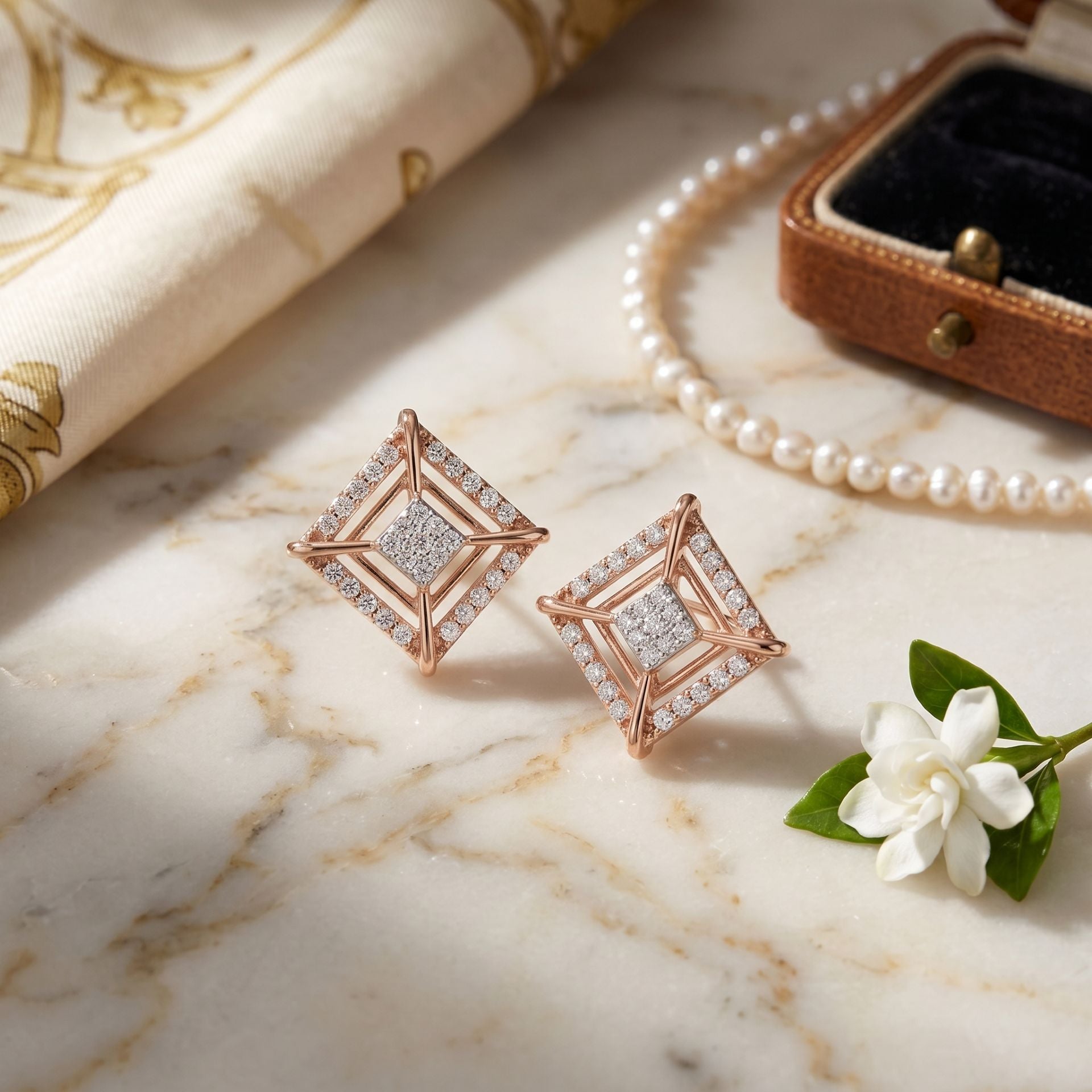 Rose gold geometric lab grown diamond stud earrings on a beige display