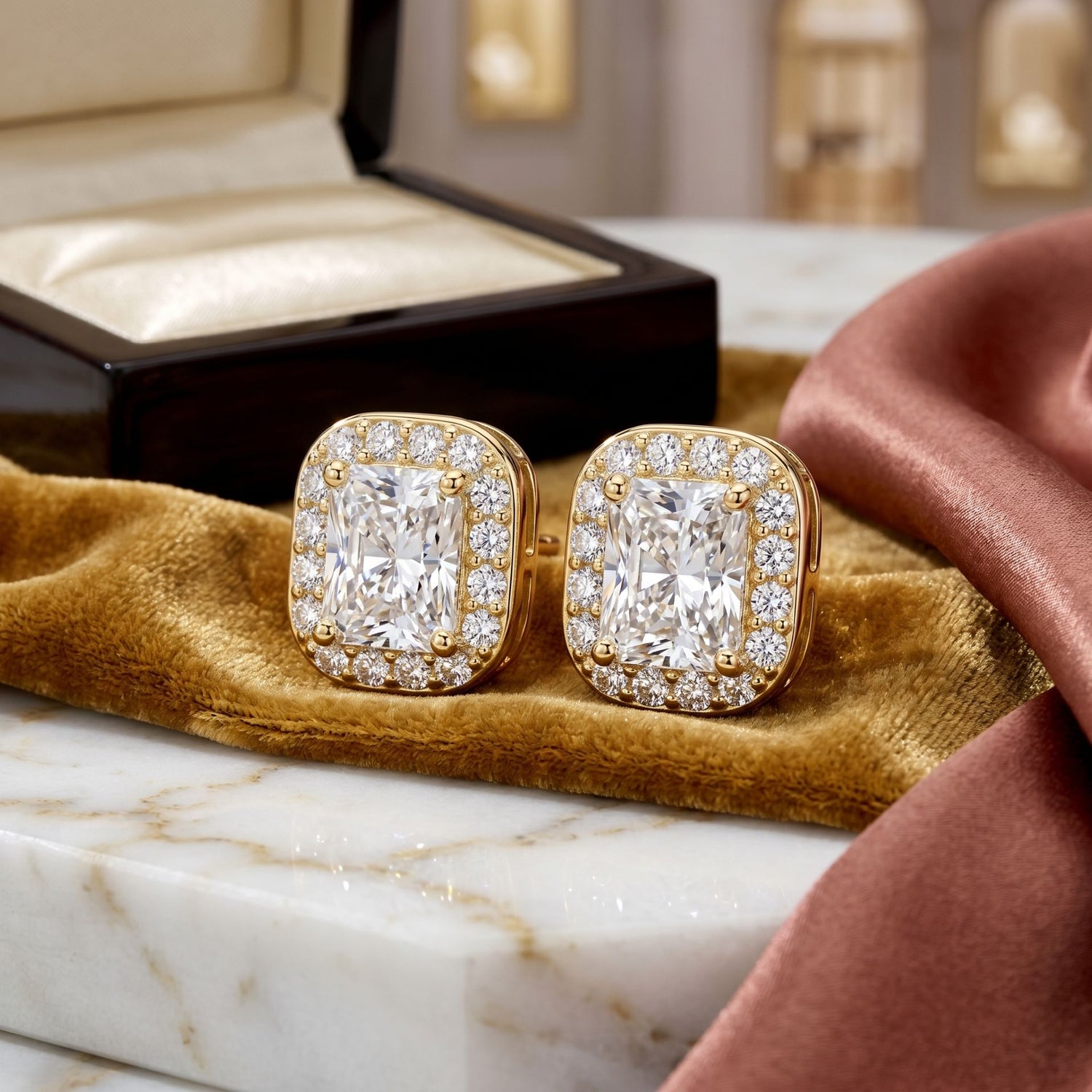 Square lab grown diamond stud earrings in a luxury jewellery box