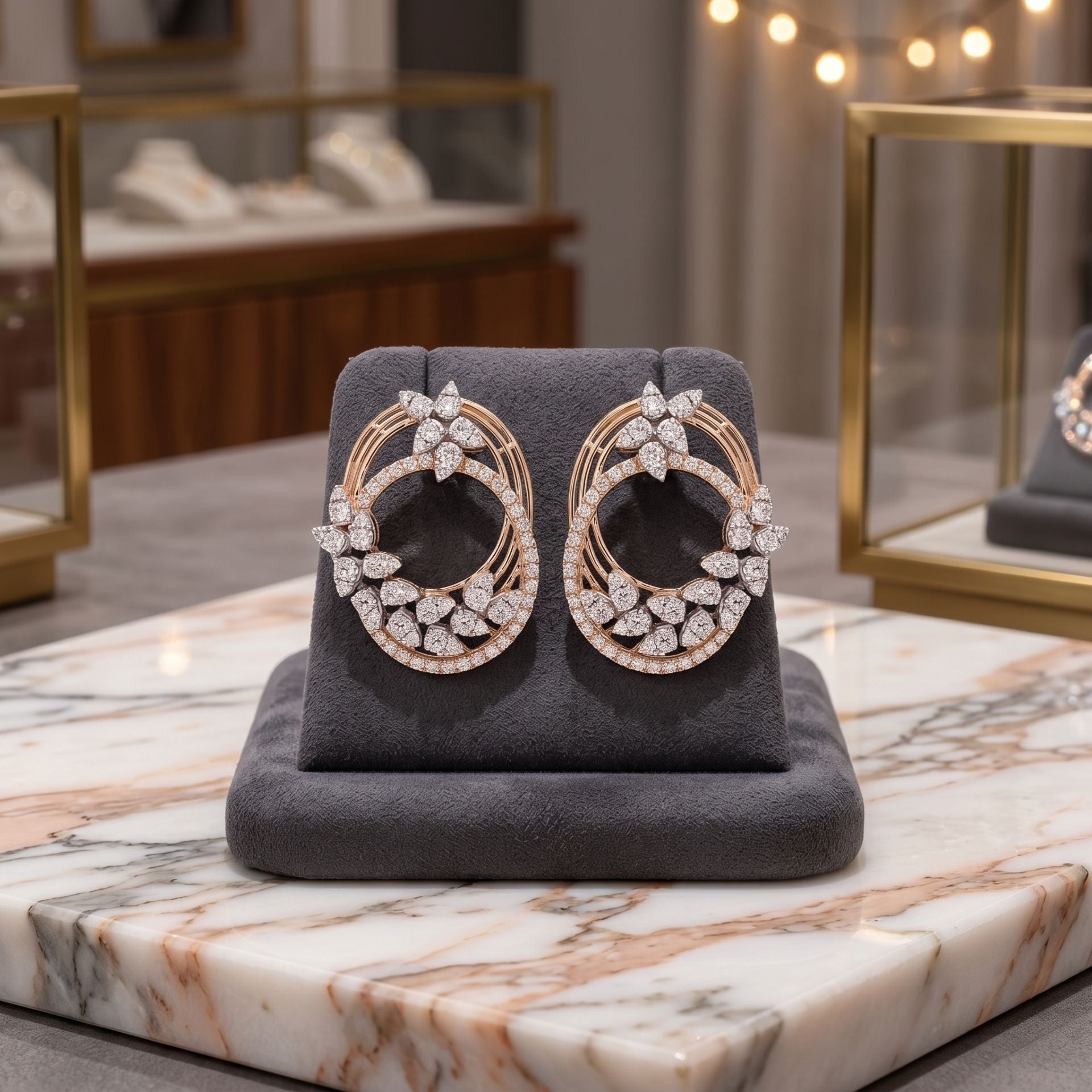 Oval halo lab grown diamond stud earrings on a luxury display stand