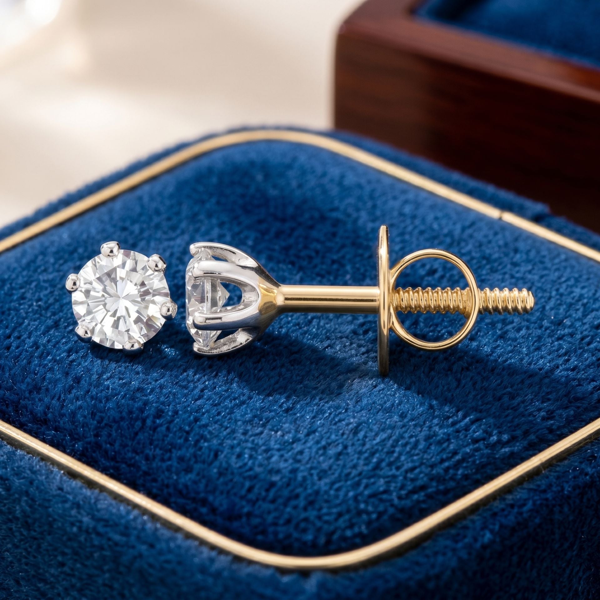 Gold lab-grown diamond stud earrings on a dark blue velvet background.