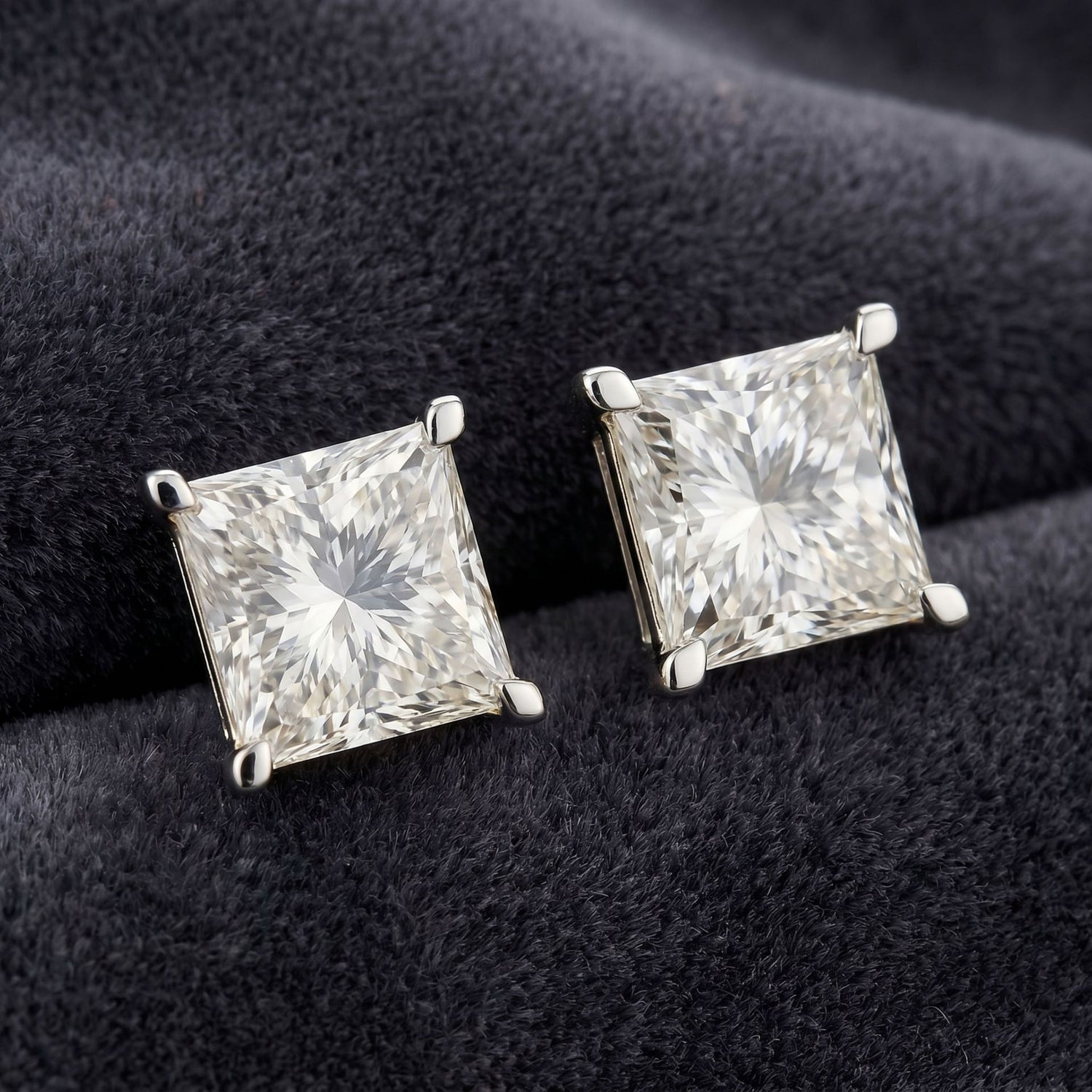 Princess cut lab grown diamond stud earrings on a black velvet background