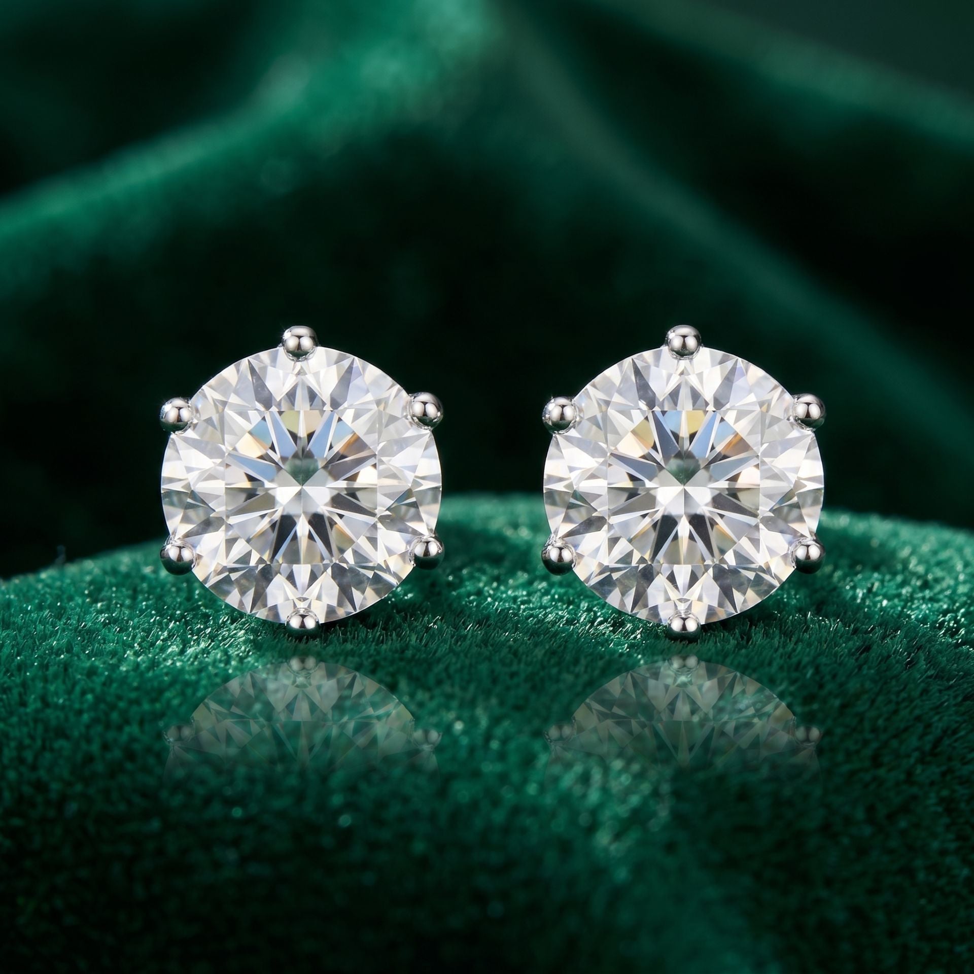 Pair of diamond stud earrings on a green fabric background