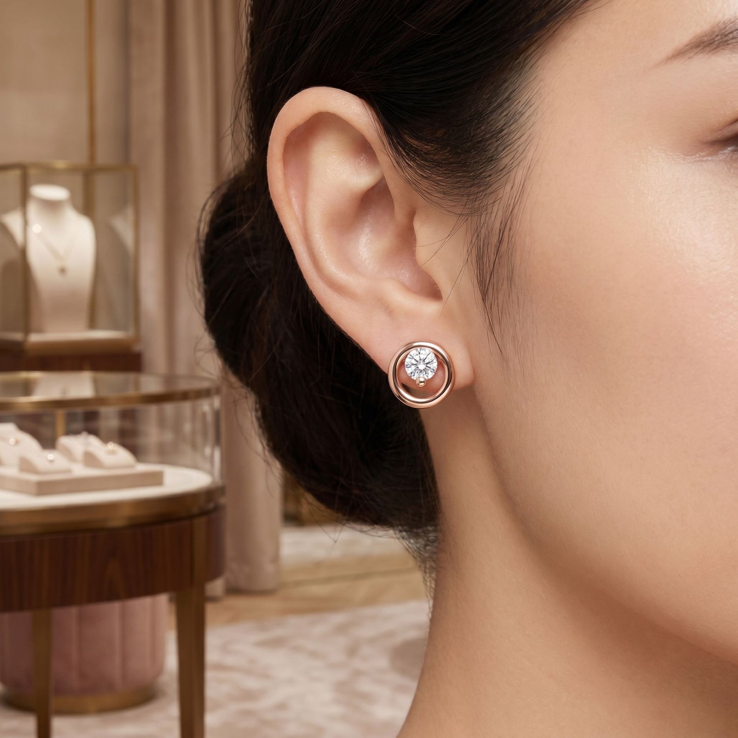 Close-up of a woman wearing rose gold earrings with a blurred jewelry store background