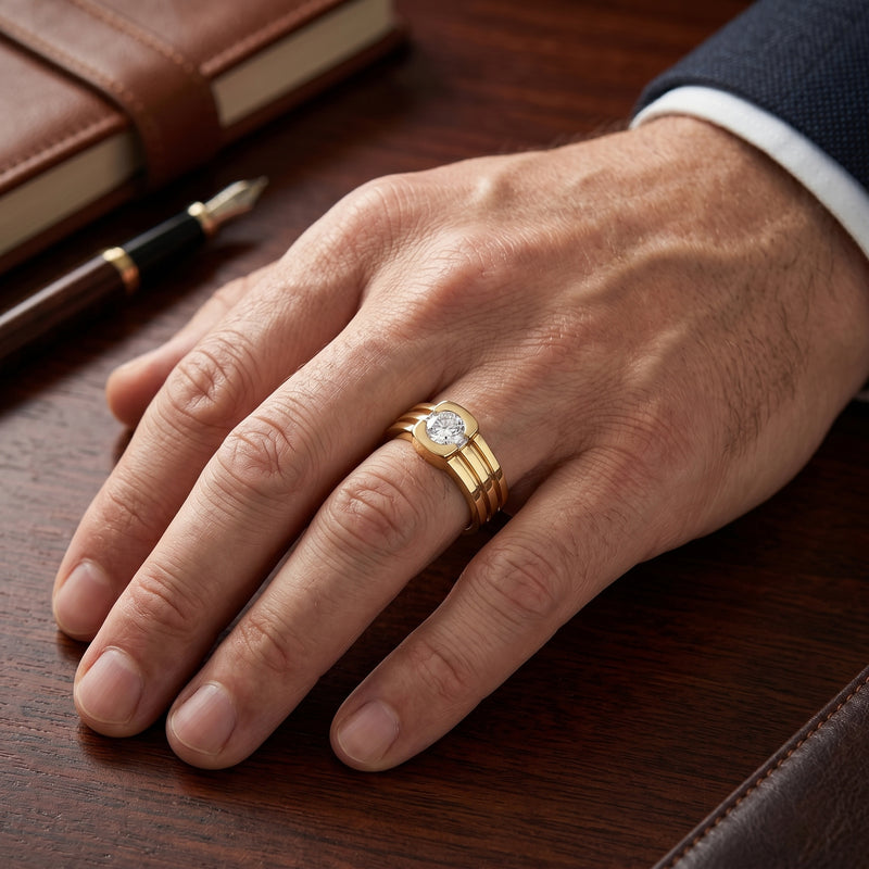 Hand wearing a gold ring with a diamond on a wooden surface