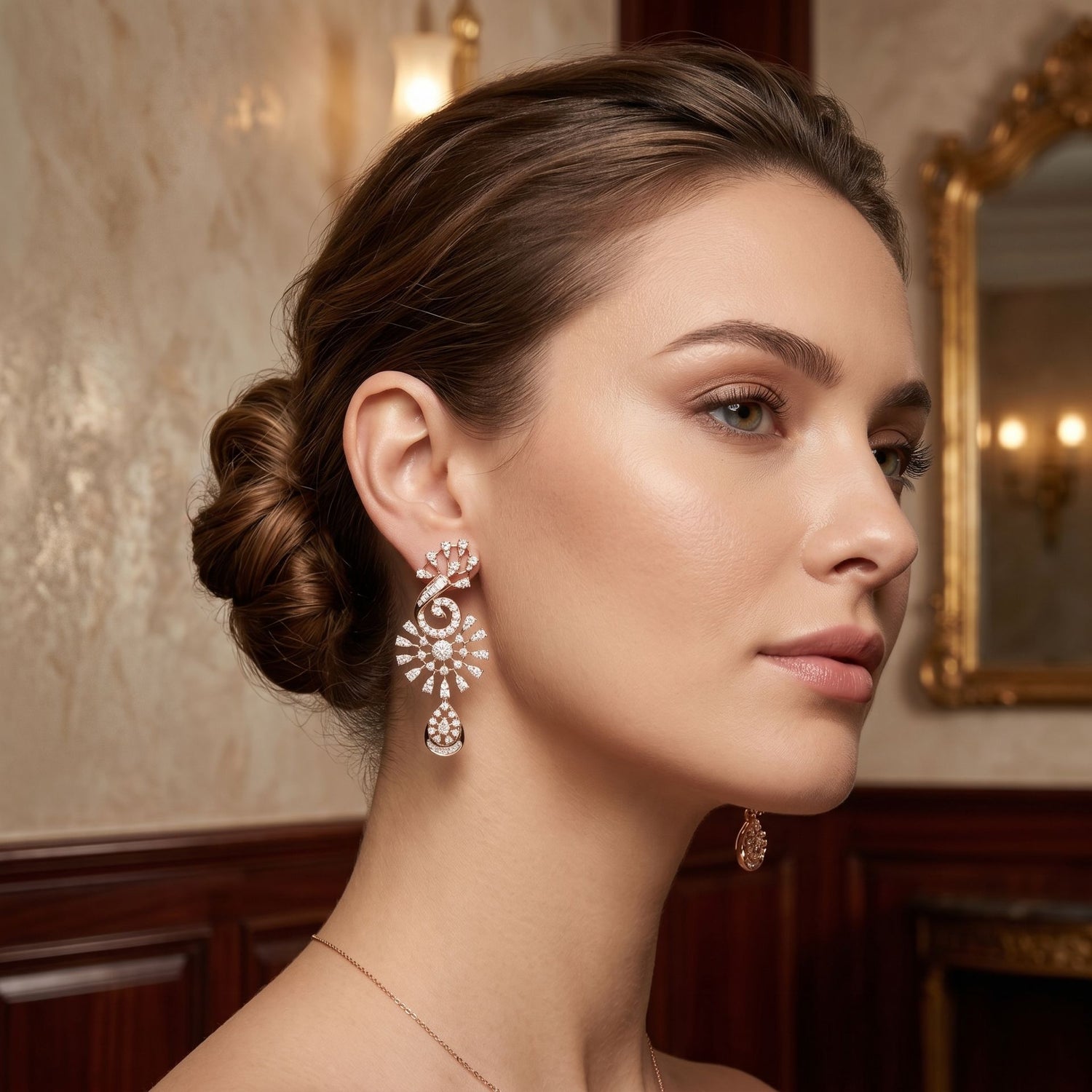 Woman wearing elegant lab-grown diamond drop earrings in a luxury lifestyle portrait.