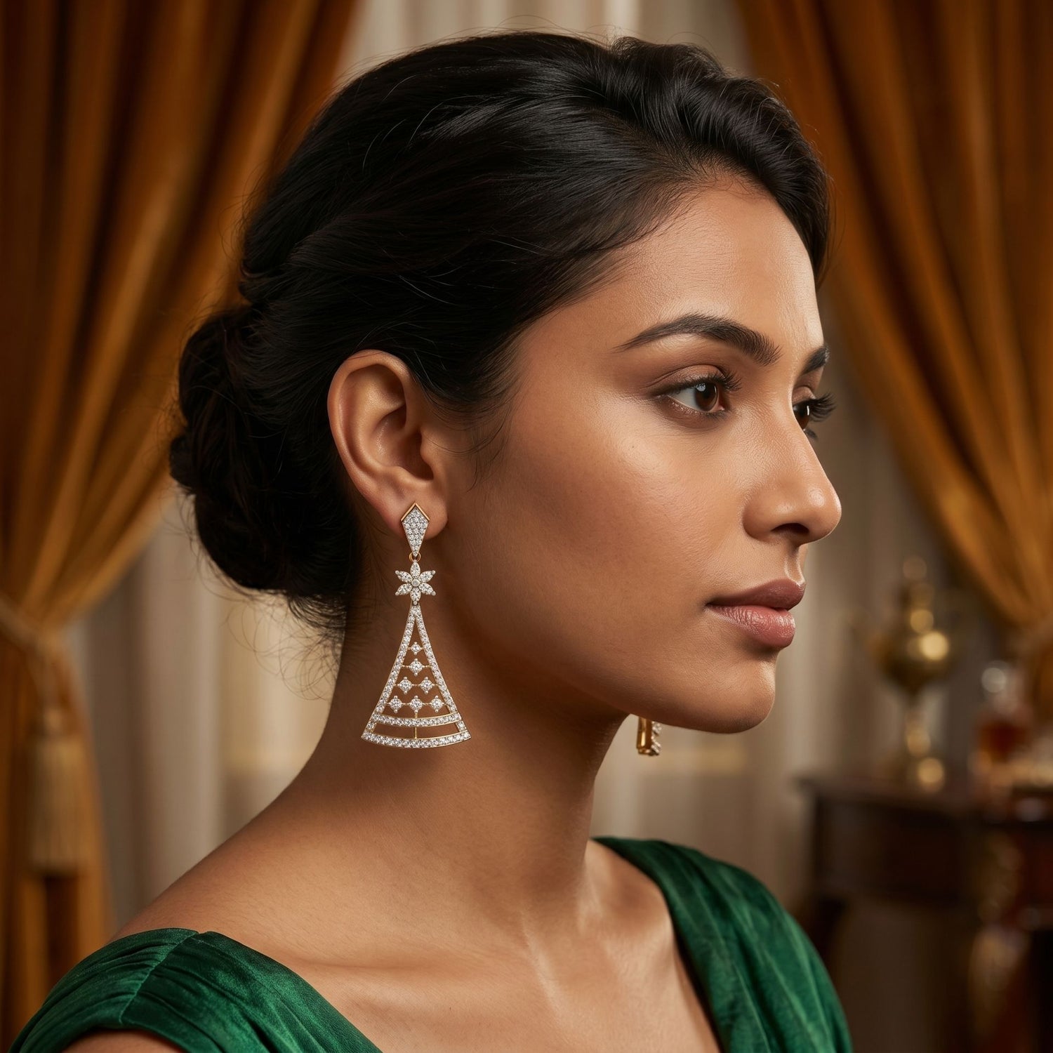Woman wearing elegant lab-grown diamond stud earrings in a side profile lifestyle portrait.