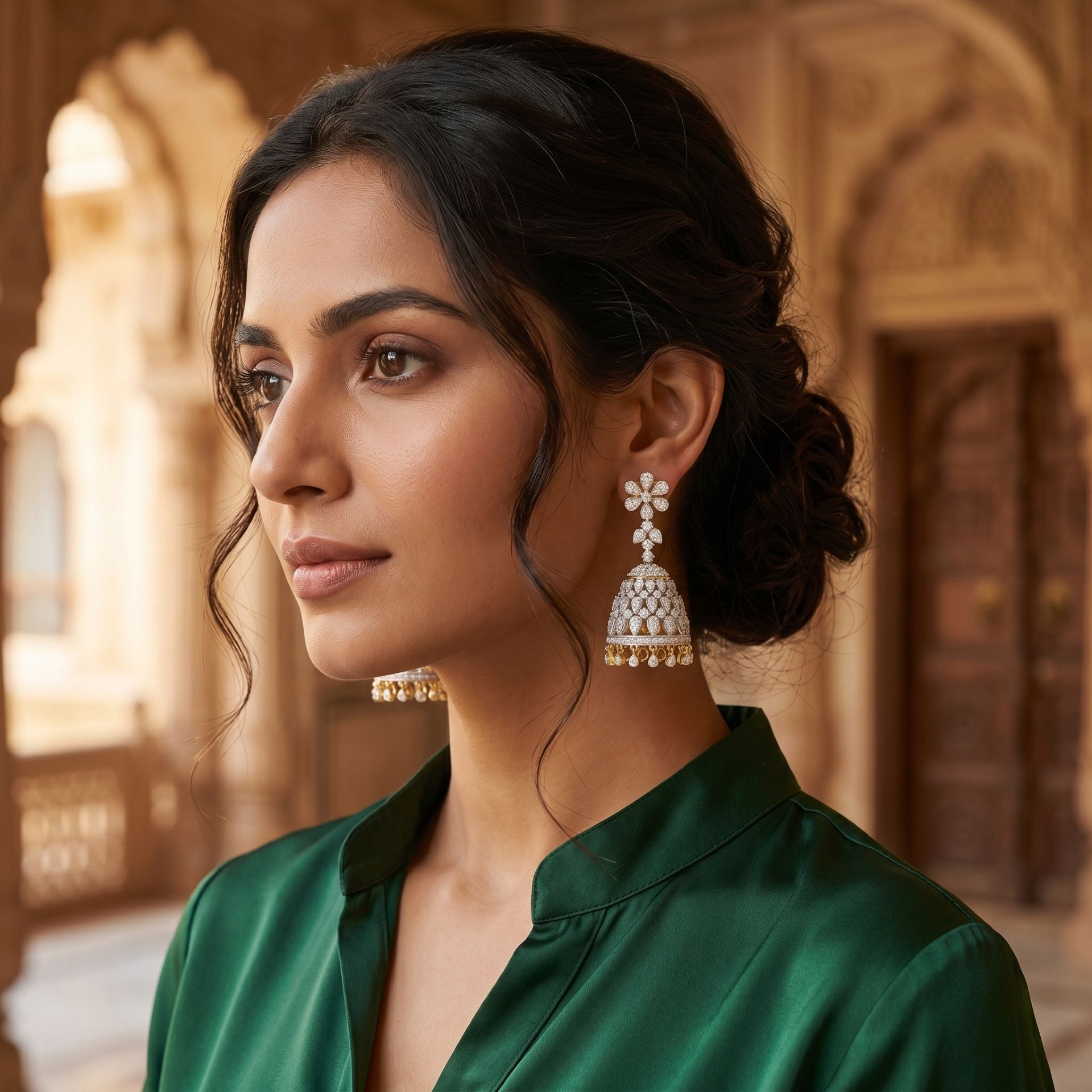 Woman wearing elegant geometric lab-grown diamond stud earrings in a lifestyle portrait.