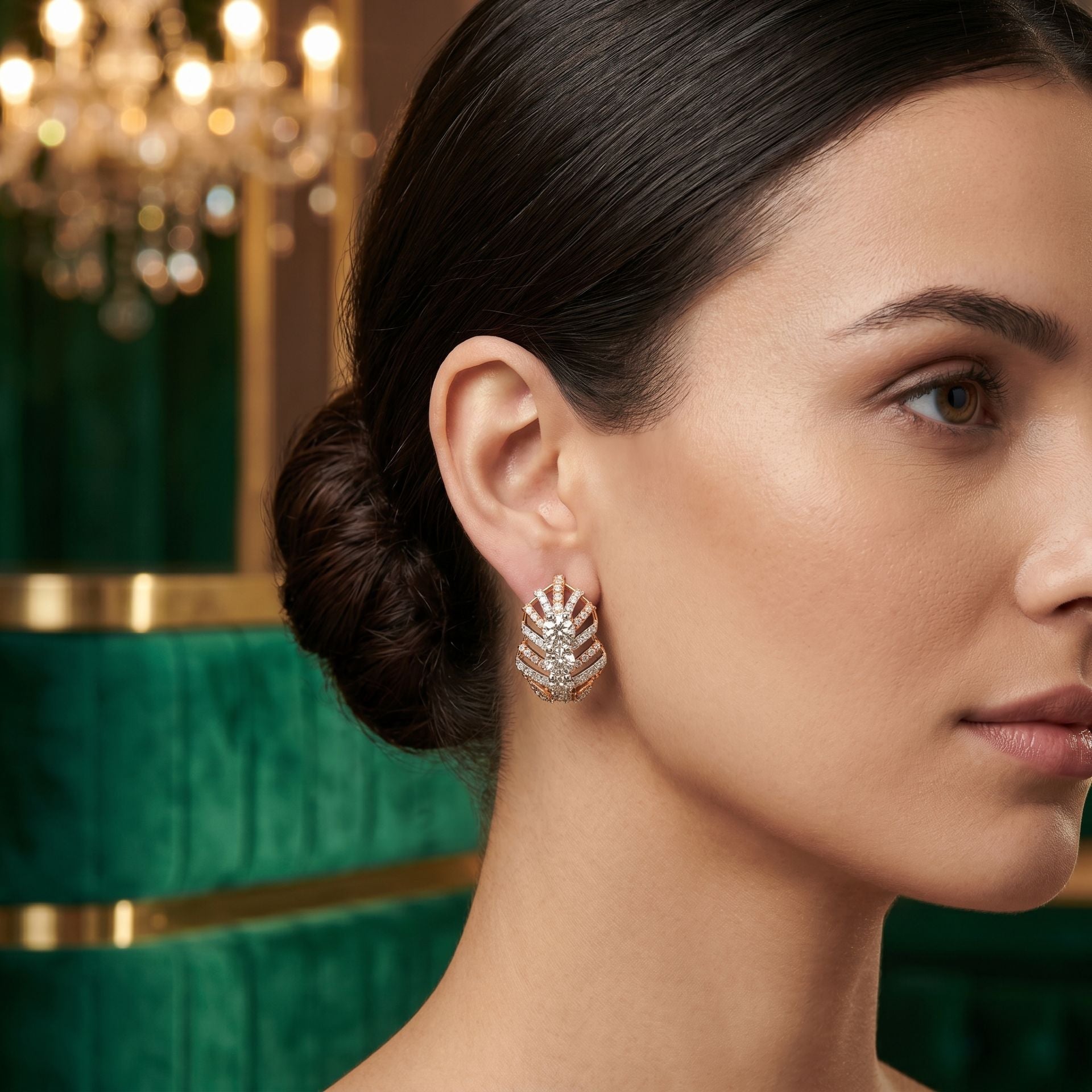 Woman wearing elegant geometric lab-grown diamond stud earrings in a side profile lifestyle portrait.