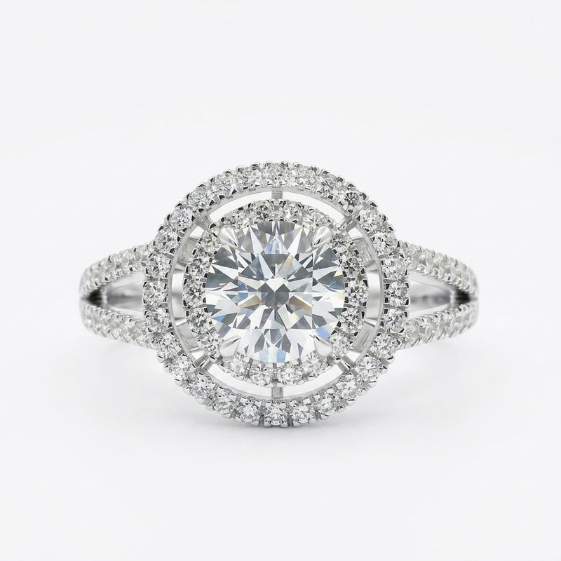 Diamond ring with a clear gemstone on a white background