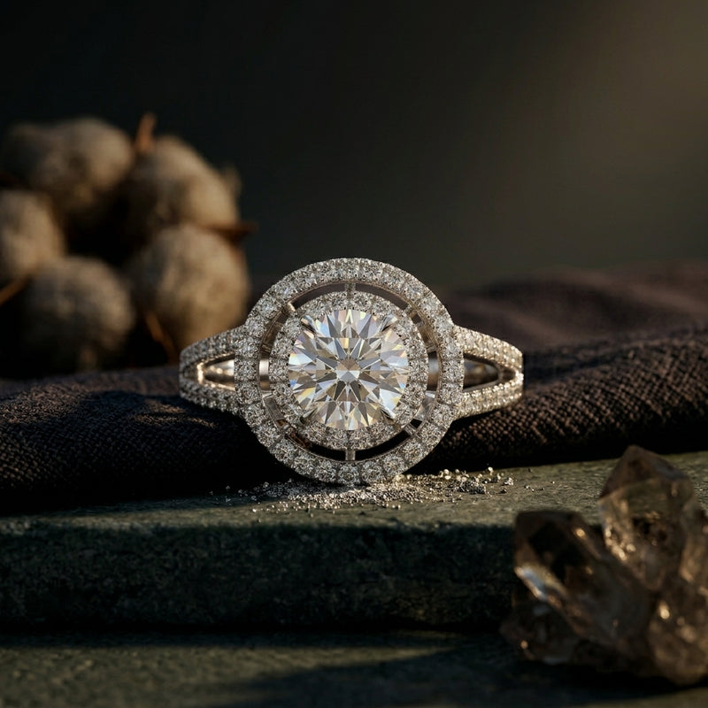 Diamond ring with intricate design on a dark background